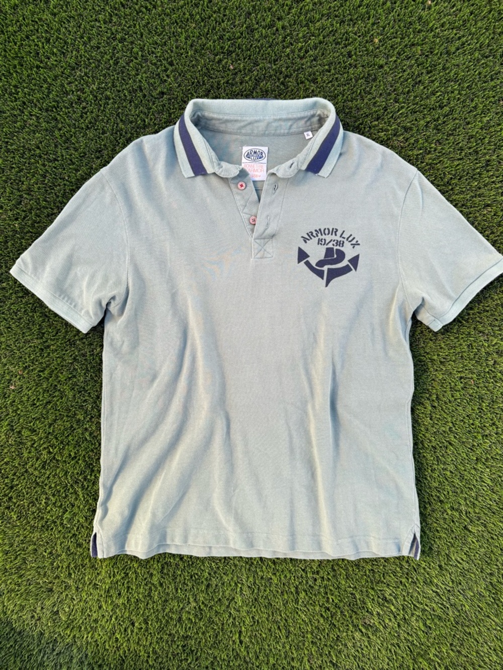 Armor Lux Men's Light Sage Polo Shirt with Navy Trim